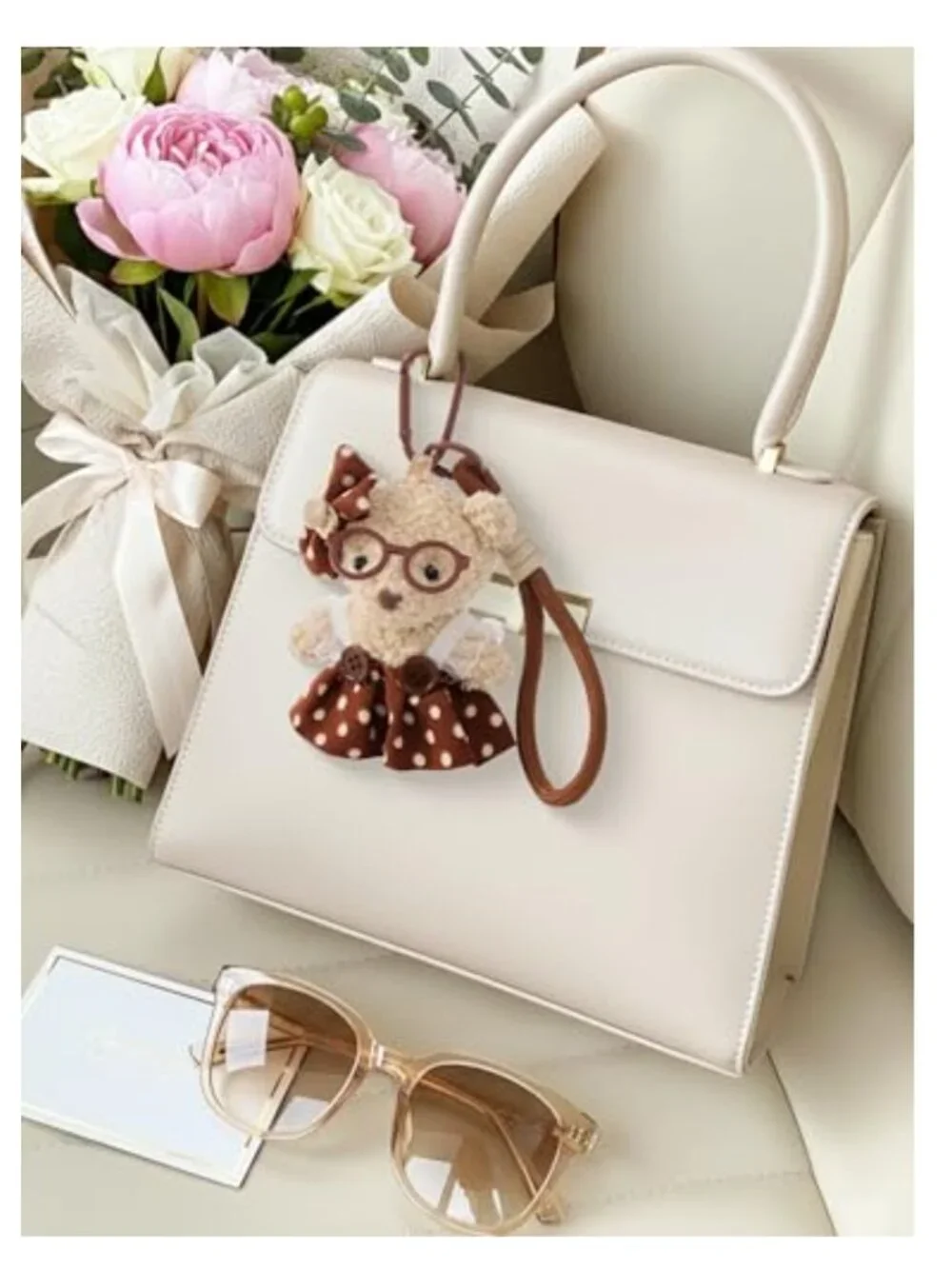 Plush Teddy Bear & Bunny Bag Charm Keychain with Detachable Clasps, 2-in-1